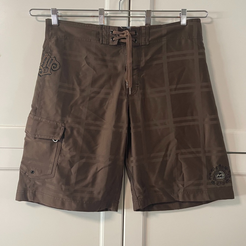 Billabong Mens Board Shorts Brown Plaid Embroidered Swim Trunks Size 38